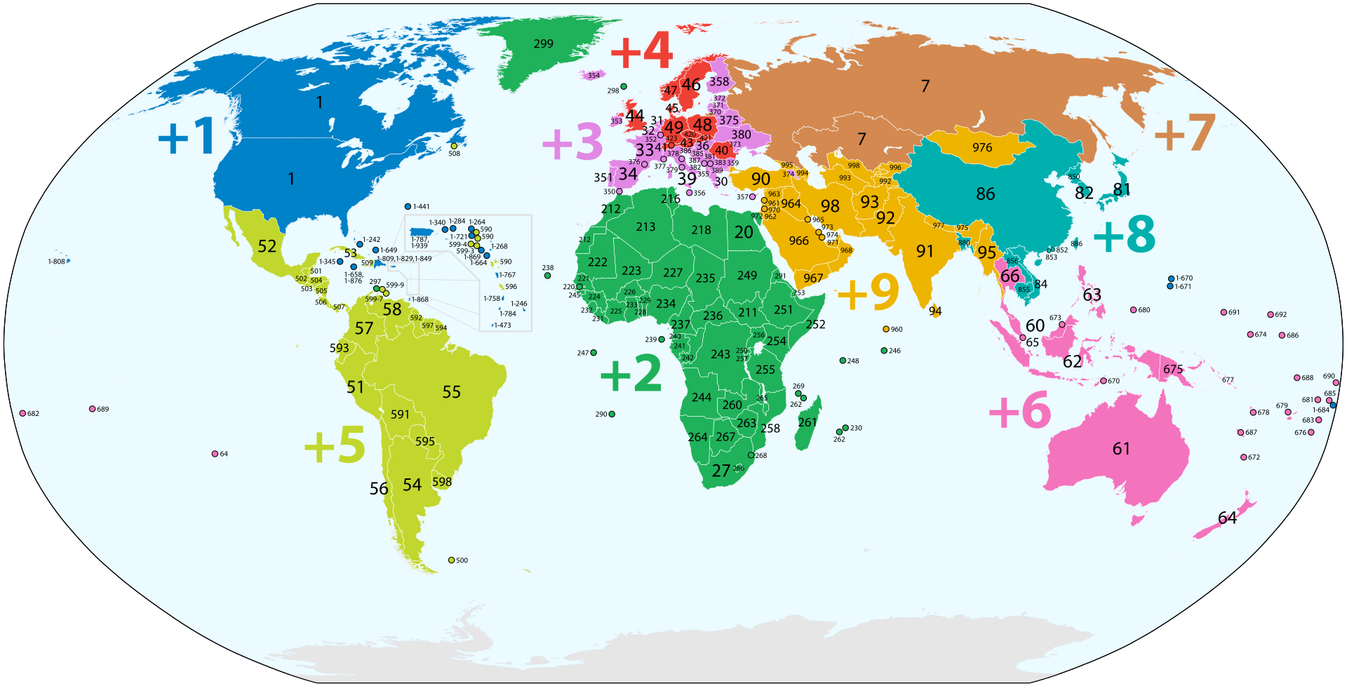 نقشه پیش‌شماره تلفن کشورها