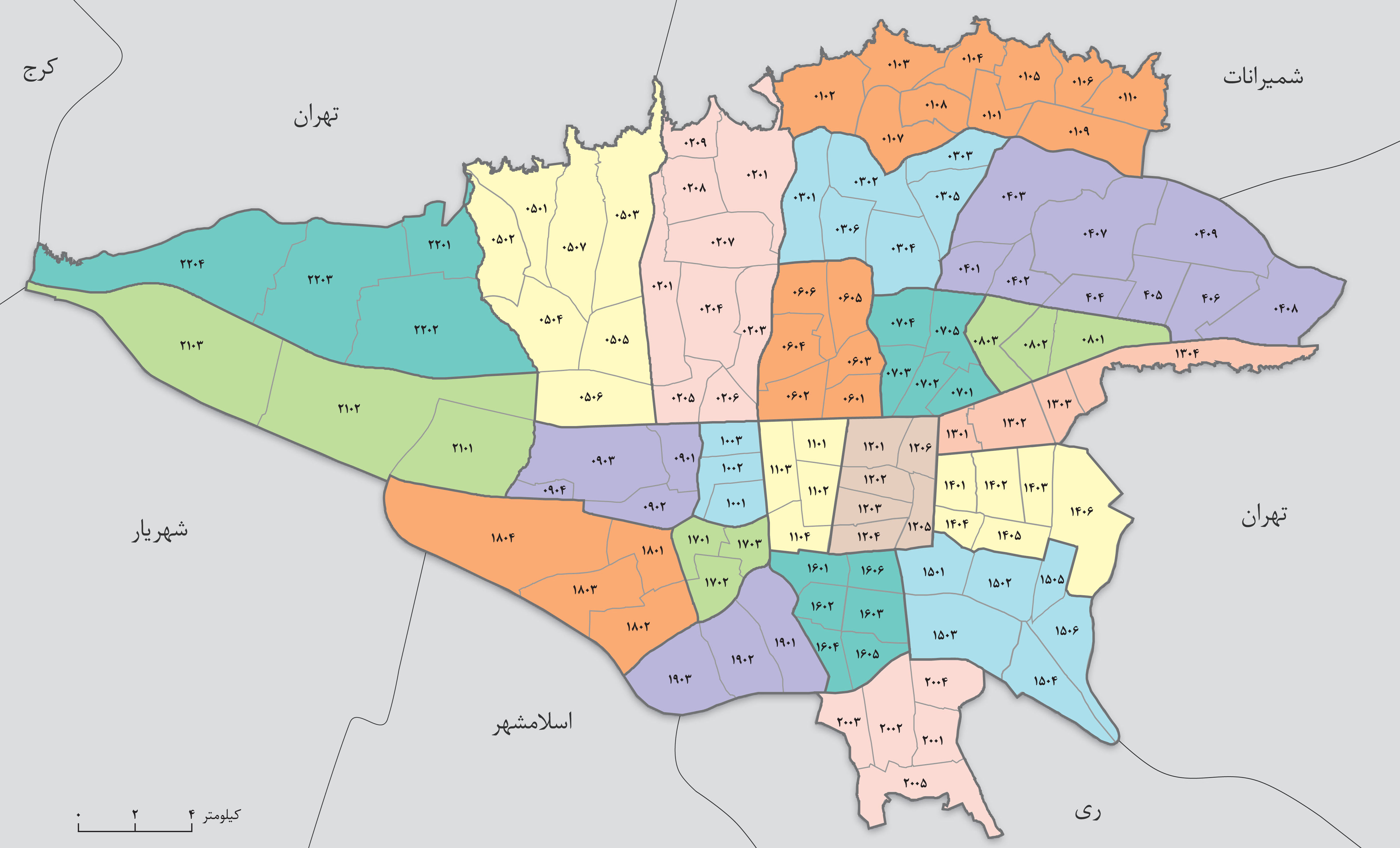 نقشه مناطق ۲۲ گانه تهران
