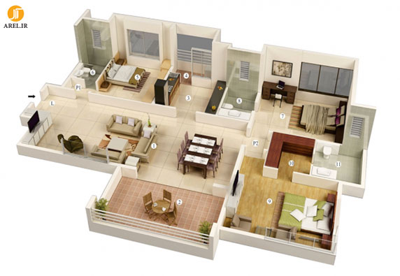 طراحی داخلی آپارتمان : 50 پلان چیدمان سه بعدی آپارتمان 3 خوابه