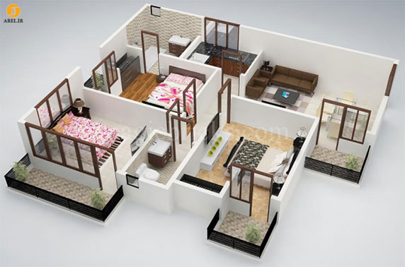 طراحی داخلی آپارتمان : 50 پلان چیدمان سه بعدی آپارتمان 3 خوابه