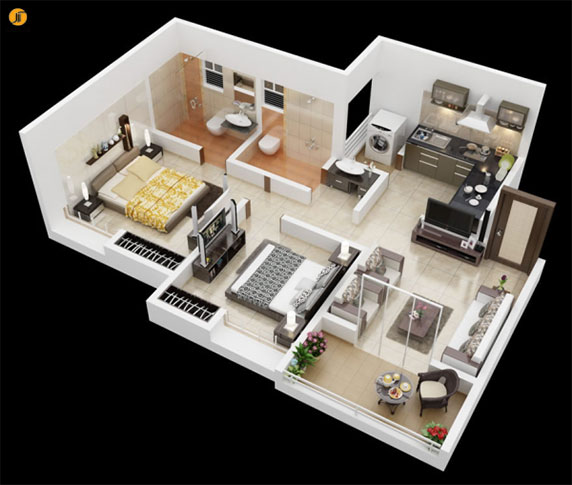 طراحی داخلی آپارتمان : 49 پلان چیدمان سه بعدی آپارتمان 2 خوابه