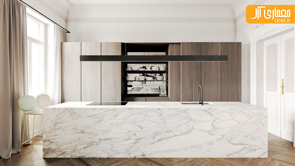 طراحی داخلی آشپزخانه با سنگ مرمر