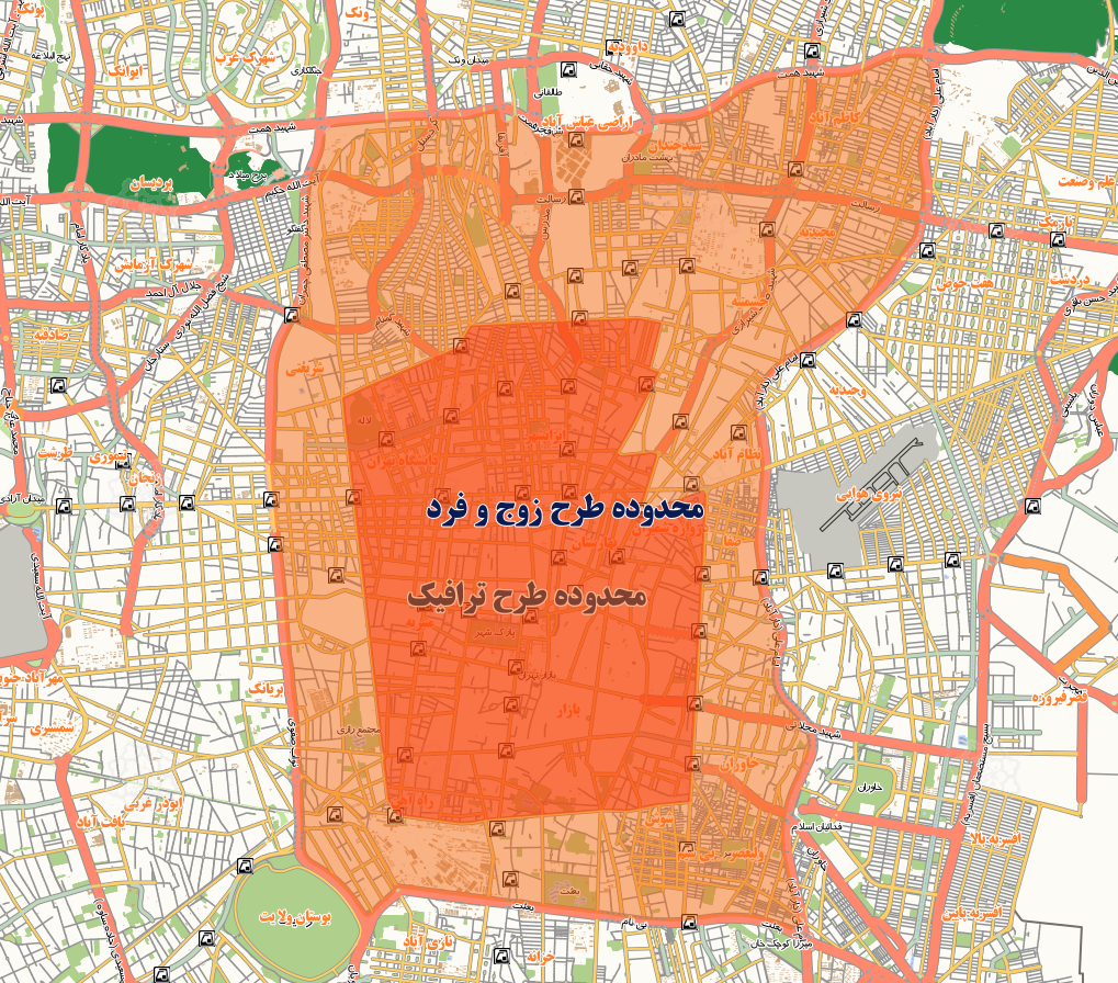نقشه محدوده  طرح ترافیک  و  زوج و فرد  در تهران