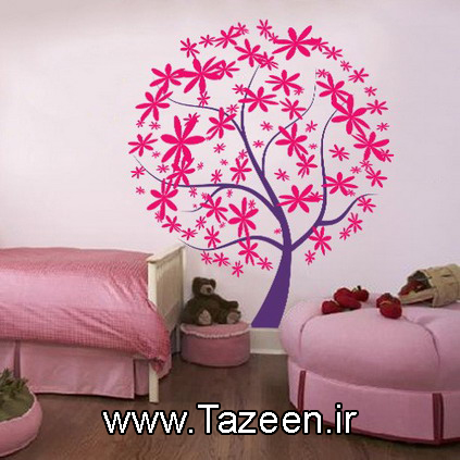 طرح گل و درخت روی دیوار اتاق خواب